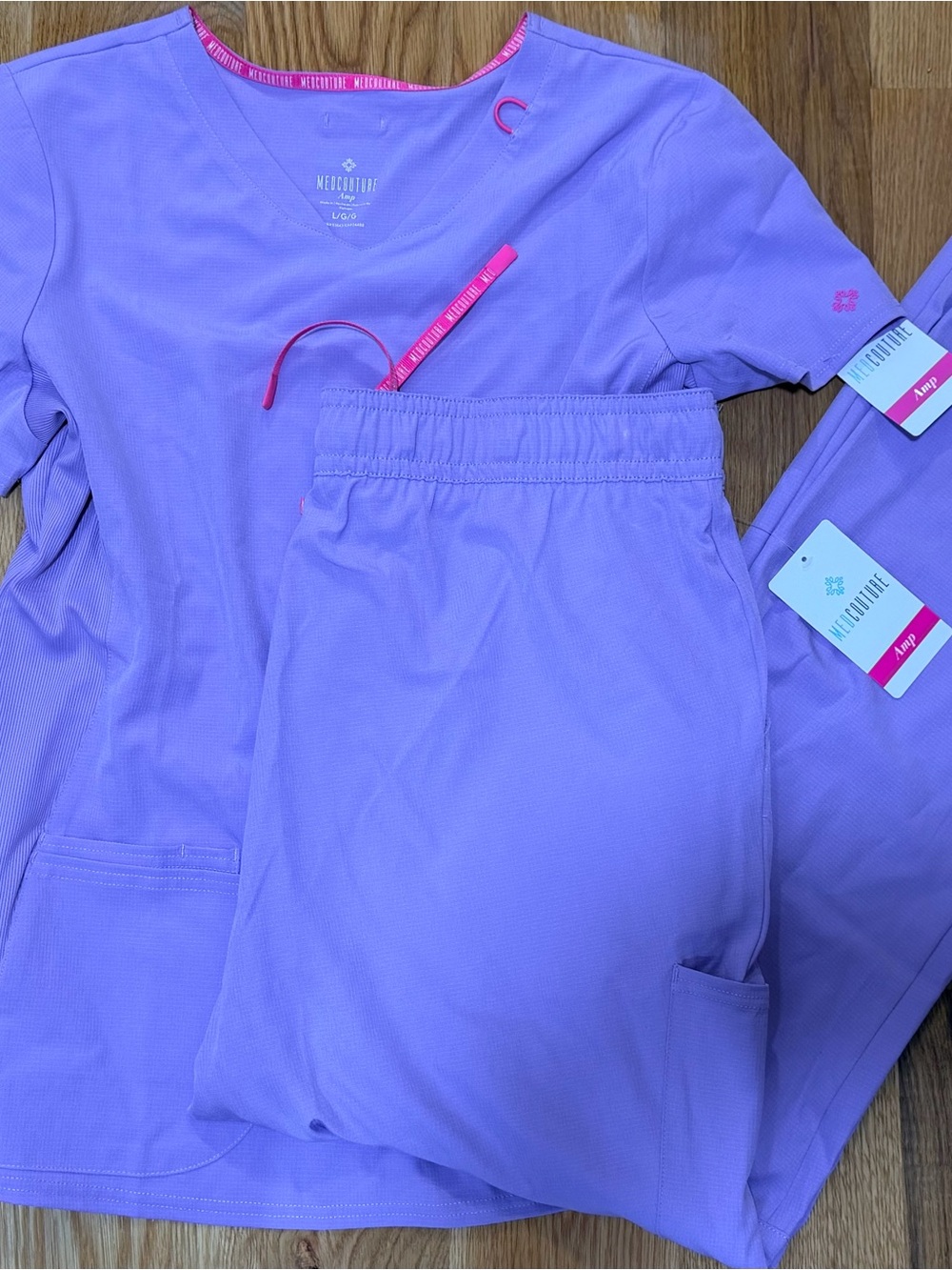 Med Couture Lavender Scrub Jogger Pants with Pink Trim